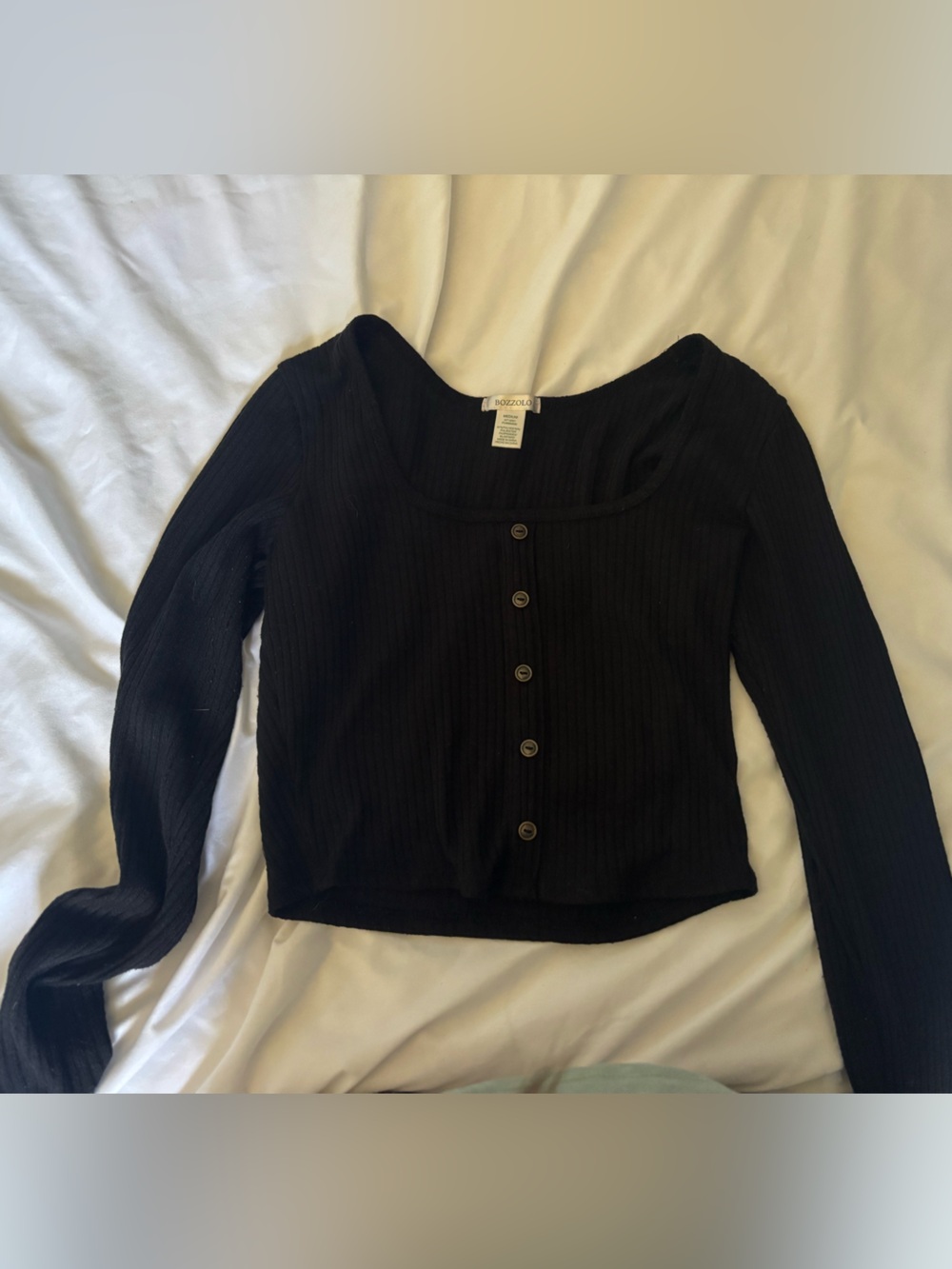 Bozzolo Black Ribbed Button-Down Long Sleeve Top
